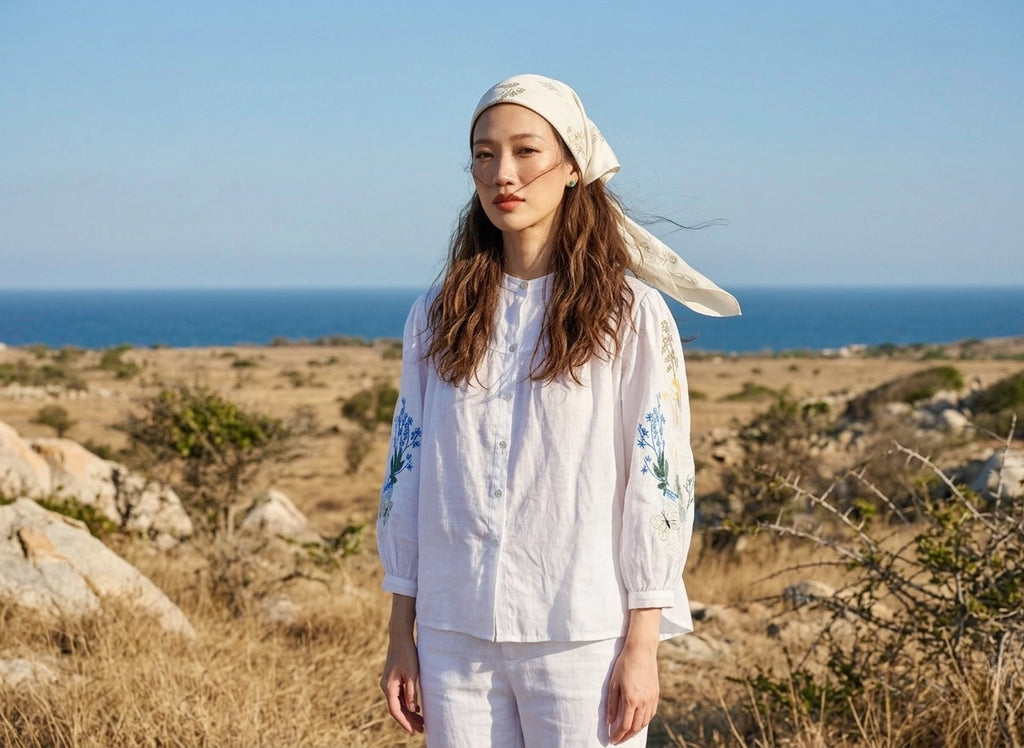Áo sơ mi cổ trụ linen trắng thêu tay Mơ thời trang Hity