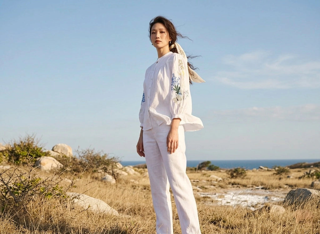 Áo sơ mi cổ trụ linen trắng thêu tay Mơ thời trang Hity