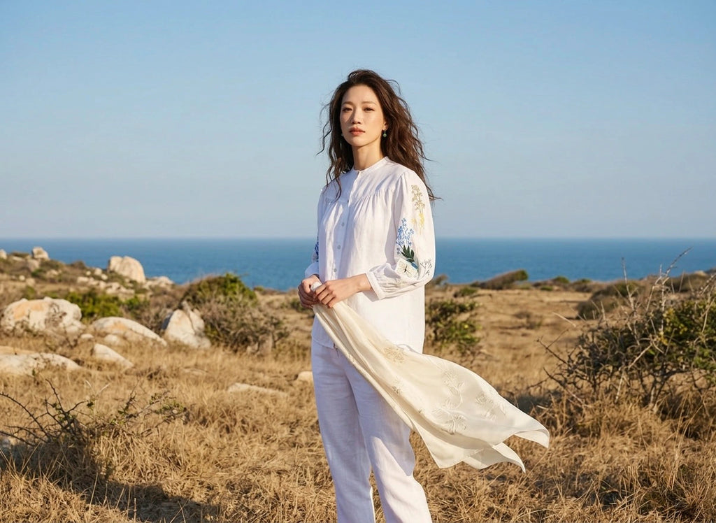 Áo sơ mi cổ trụ linen trắng thêu tay Mơ thời trang Hity
