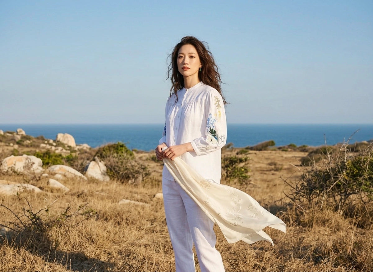 Áo sơ mi cổ trụ linen trắng thêu tay Mơ thời trang Hity