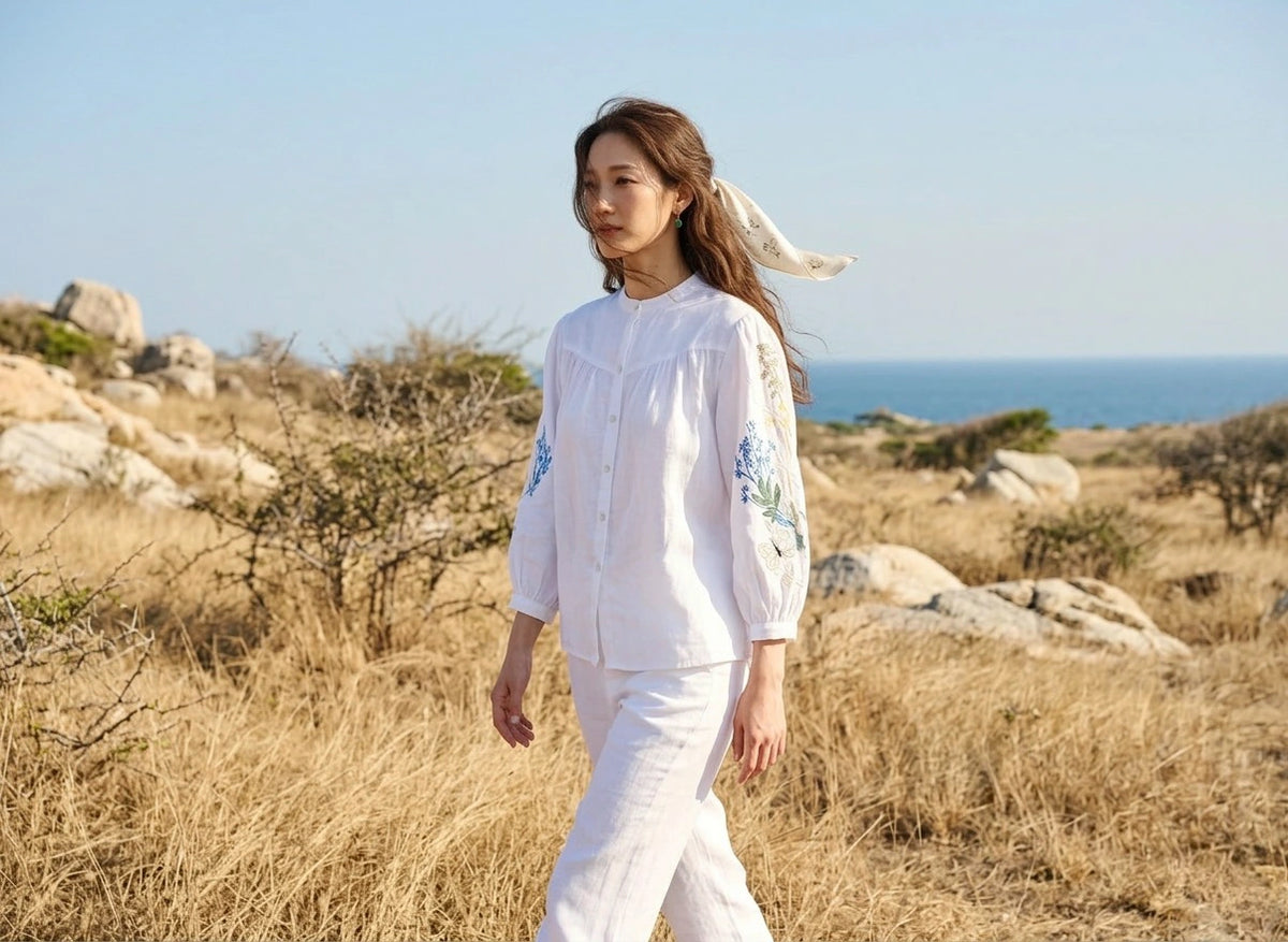 Áo sơ mi cổ trụ linen trắng thêu tay Mơ thời trang Hity