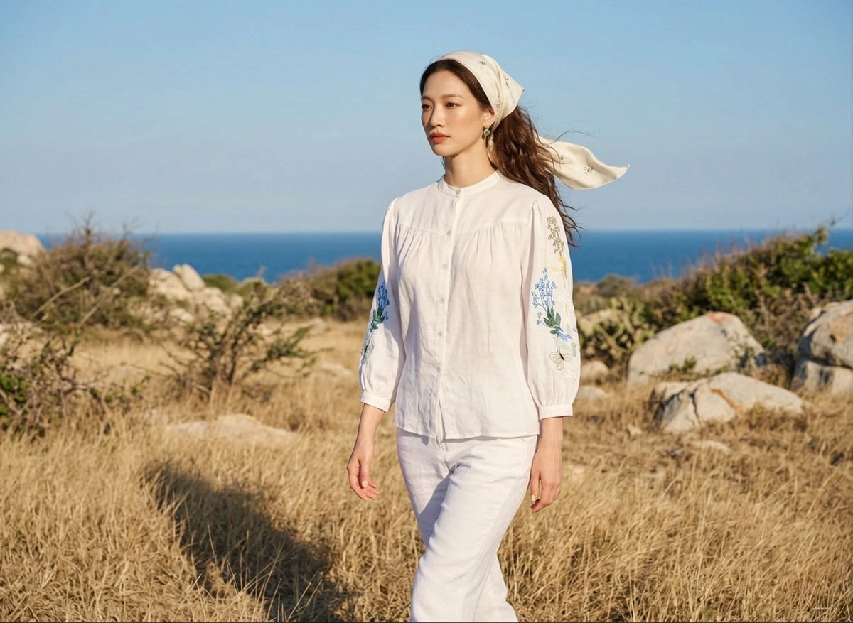 Áo sơ mi cổ trụ linen trắng thêu tay Mơ thời trang Hity