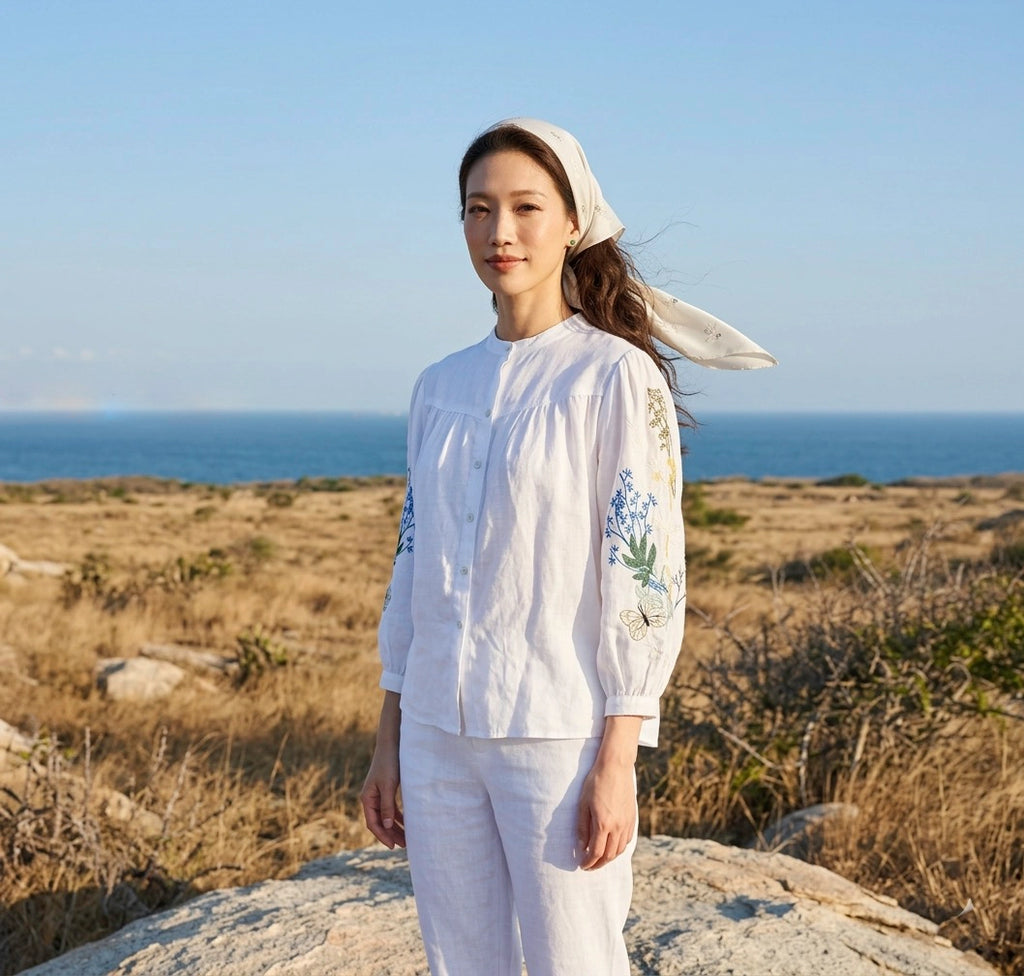 Áo sơ mi cổ trụ linen trắng thêu tay Mơ thời trang Hity