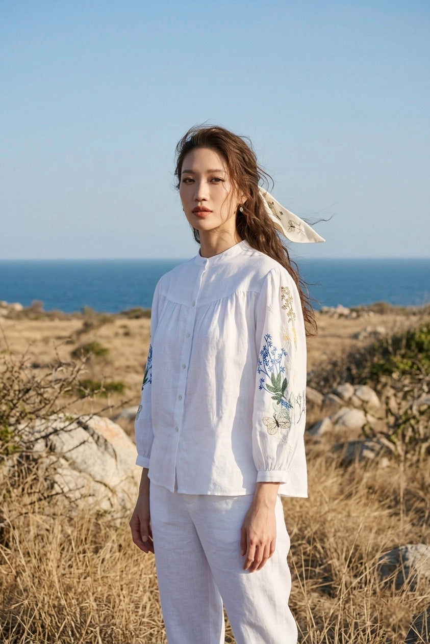 Áo sơ mi cổ trụ linen trắng thêu tay Mơ thời trang Hity
