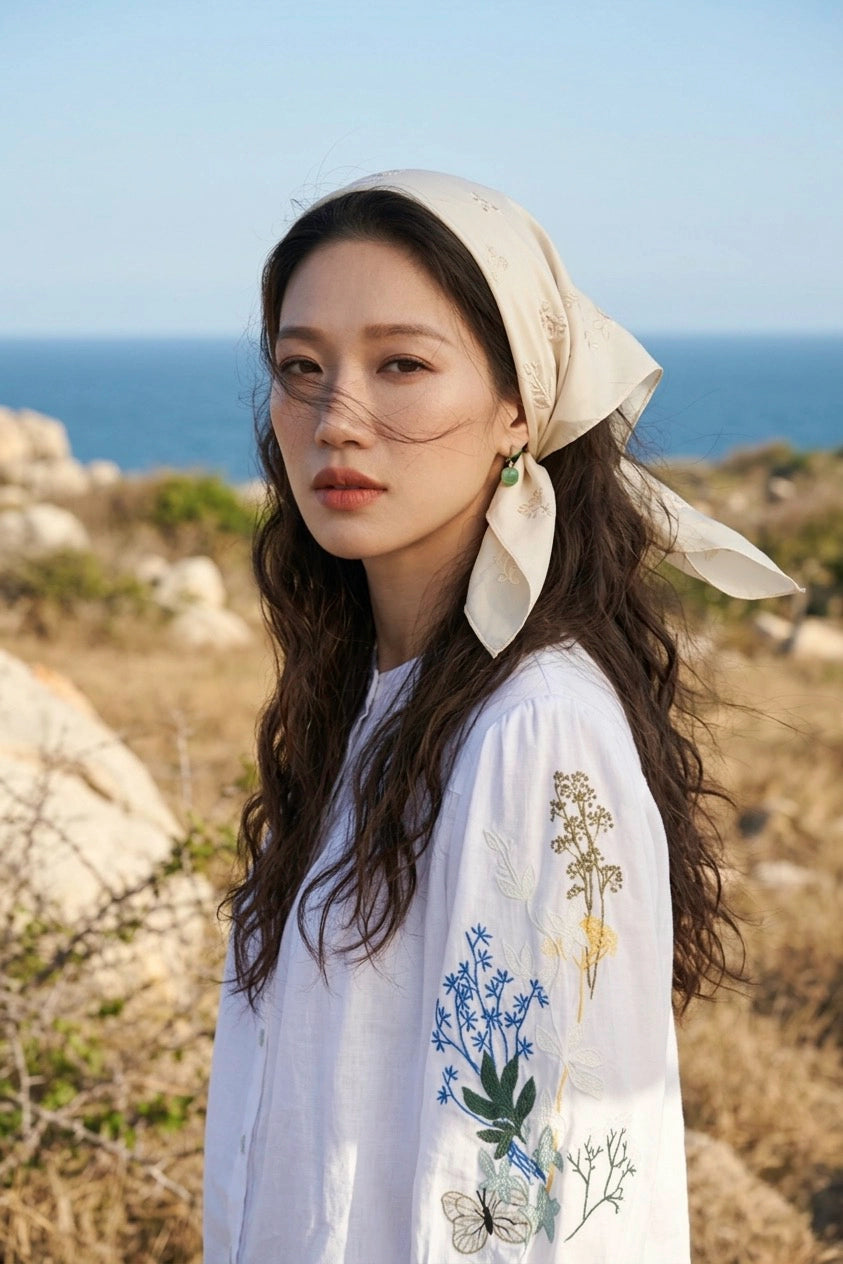 Áo sơ mi cổ trụ linen trắng thêu tay Mơ thời trang Hity