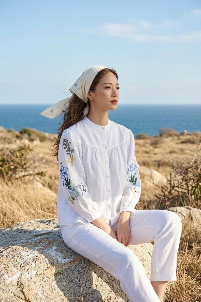 Áo sơ mi cổ trụ linen trắng thêu tay Mơ thời trang Hity