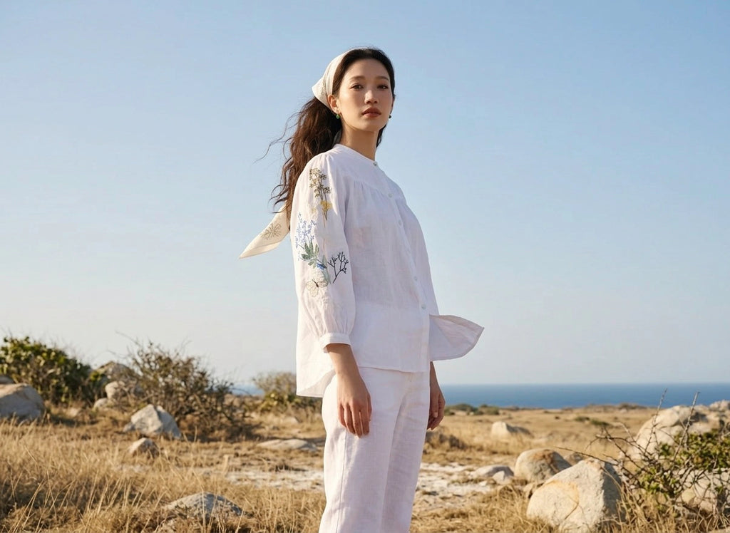 Áo sơ mi cổ trụ linen trắng thêu tay Mơ thời trang Hity