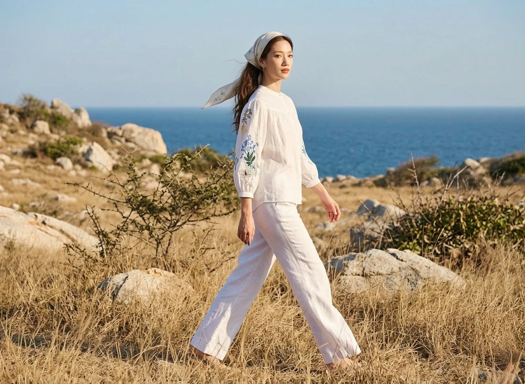 Áo sơ mi cổ trụ linen trắng thêu tay Mơ thời trang Hity