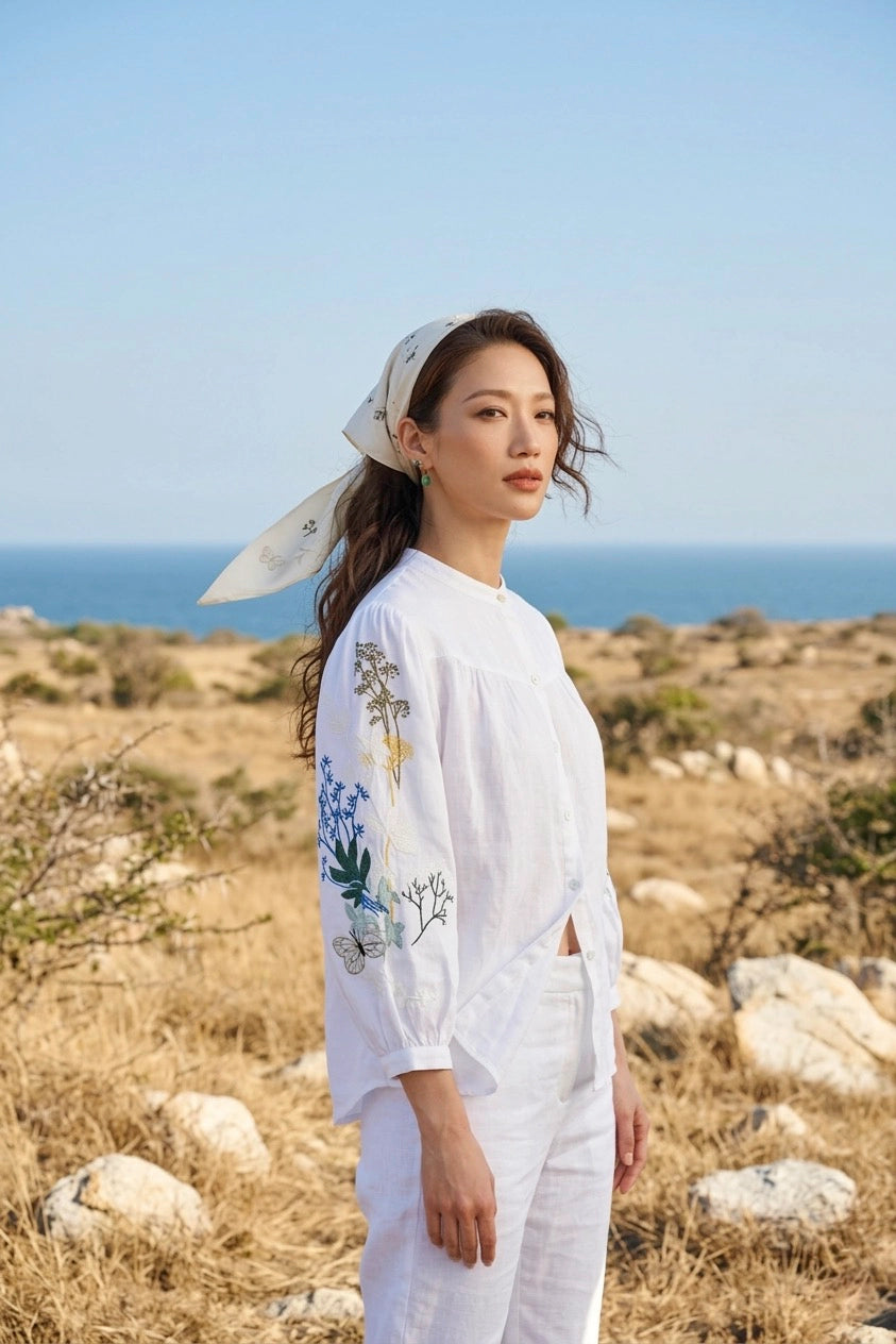 Áo sơ mi cổ trụ linen trắng thêu tay Mơ thời trang Hity