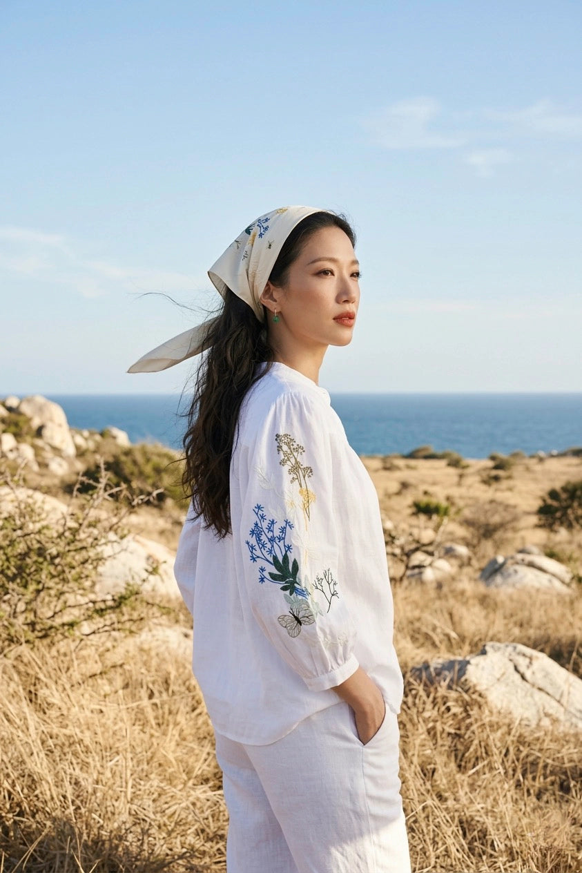 Áo sơ mi cổ trụ linen trắng thêu tay Mơ thời trang Hity
