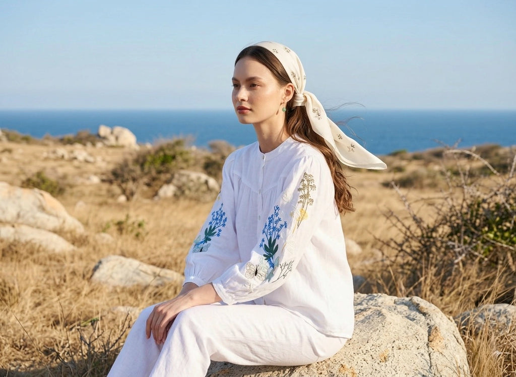 Áo sơ mi cổ trụ linen trắng thêu tay Mơ thời trang Hity