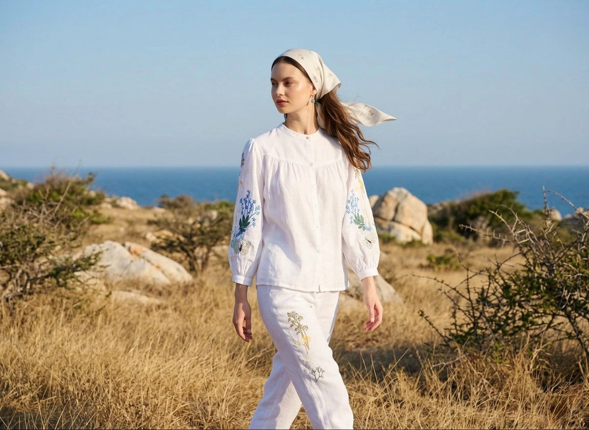 Áo sơ mi cổ trụ linen trắng thêu tay Mơ thời trang Hity