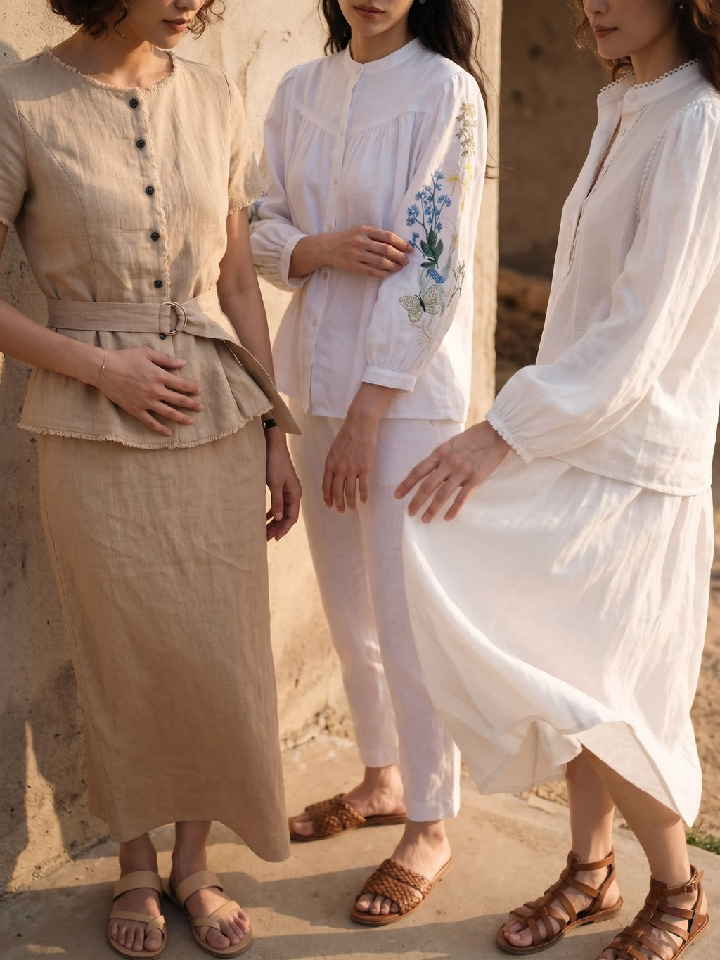 Áo sơ mi cổ trụ linen trắng thêu tay Mơ thời trang Hity