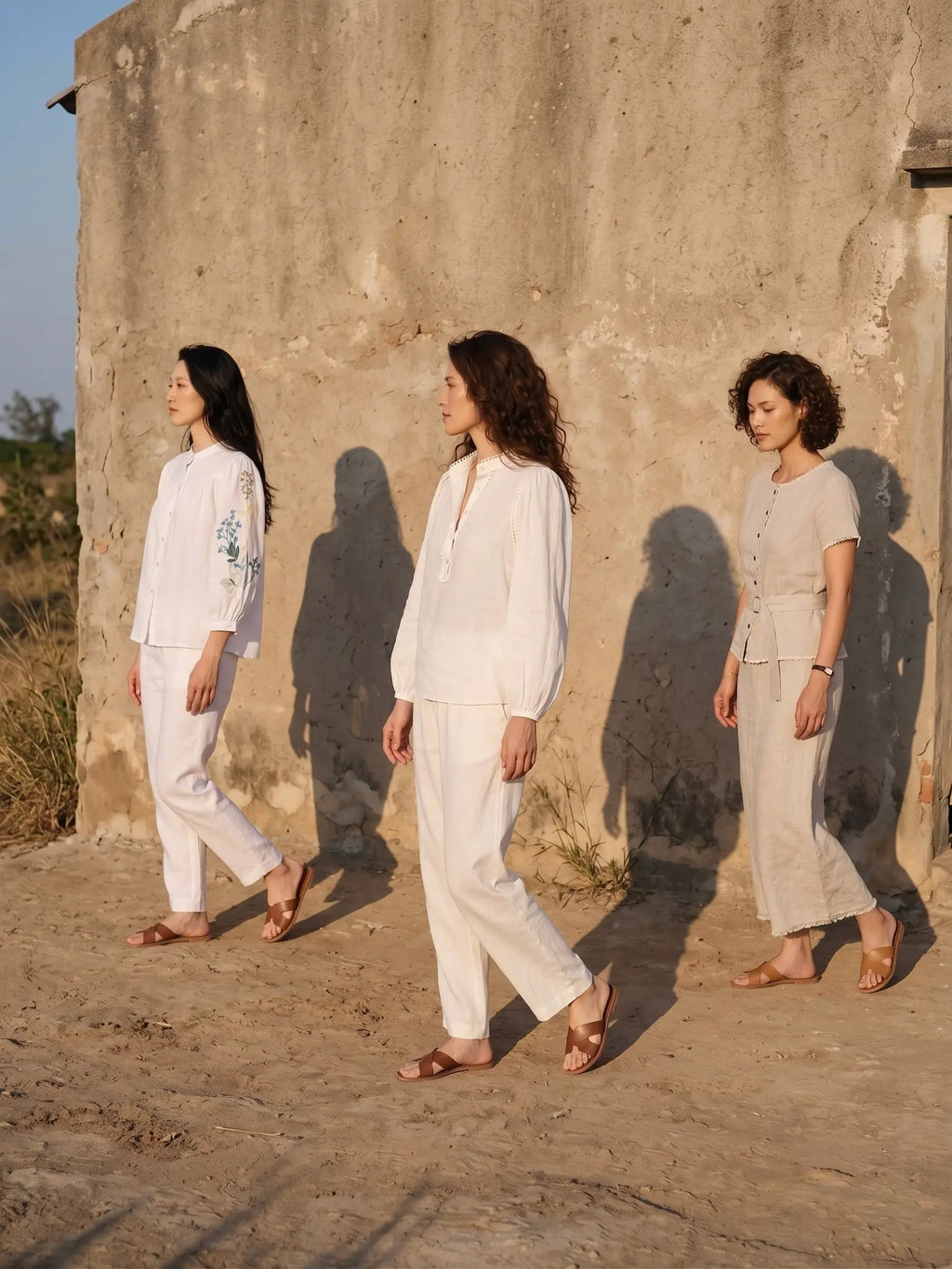 Áo sơ mi cổ trụ linen trắng thêu tay Mơ thời trang Hity