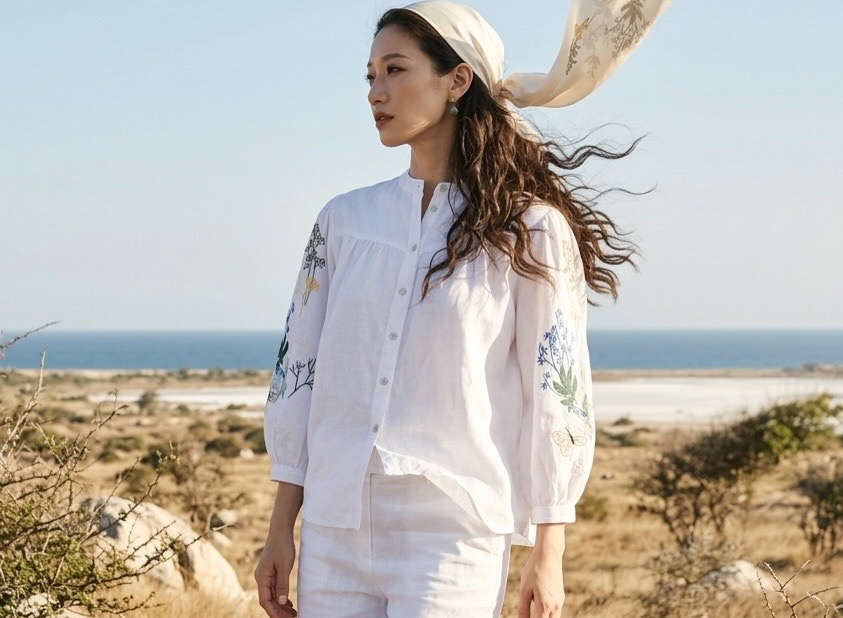 Áo linen thêu tay sơ mi cổ trụ thời trang Hity