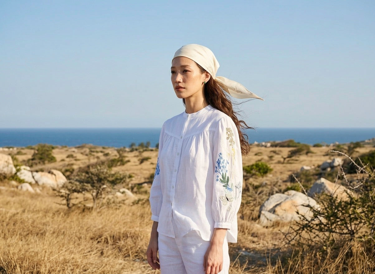 Áo linen thêu tay sơ mi cổ trụ thời trang Hity