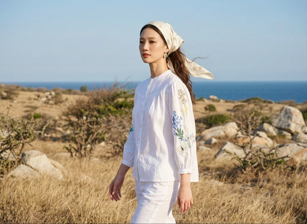 Áo linen thêu tay sơ mi cổ trụ thời trang Hity