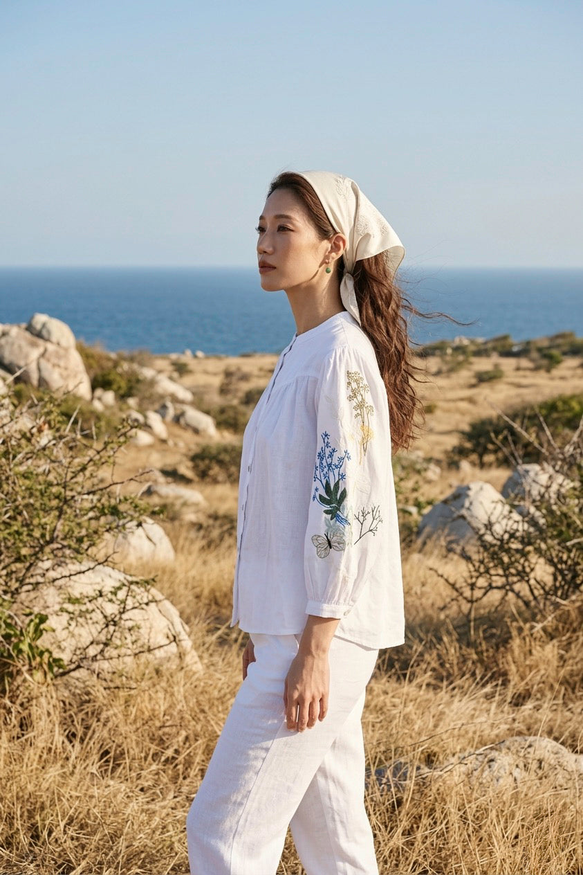 Áo linen thêu tay sơ mi cổ trụ thời trang Hity