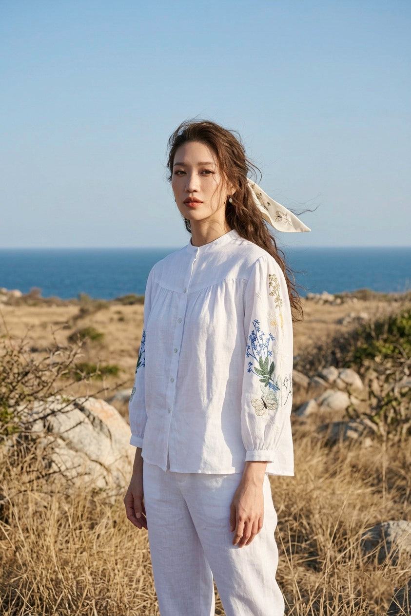 Áo linen thêu tay sơ mi cổ trụ thời trang Hity