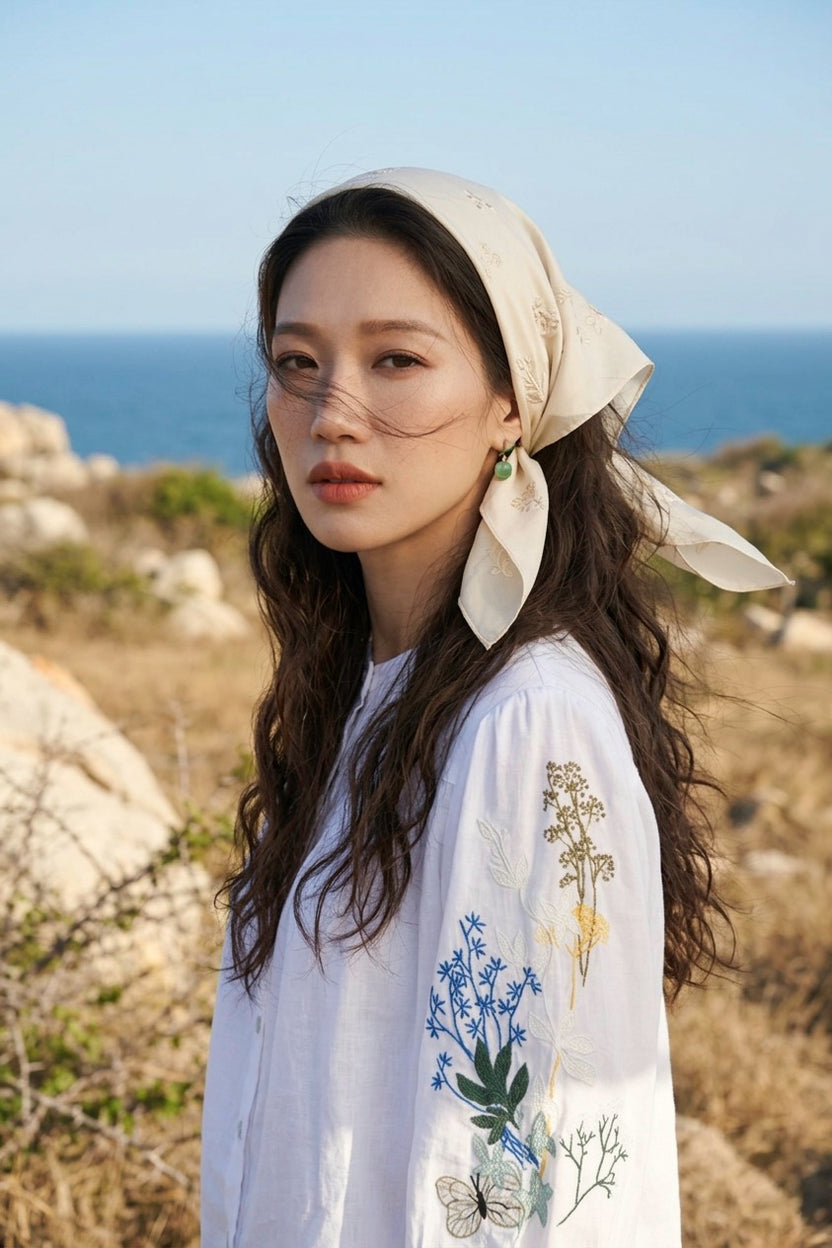 Áo linen thêu tay sơ mi cổ trụ thời trang Hity