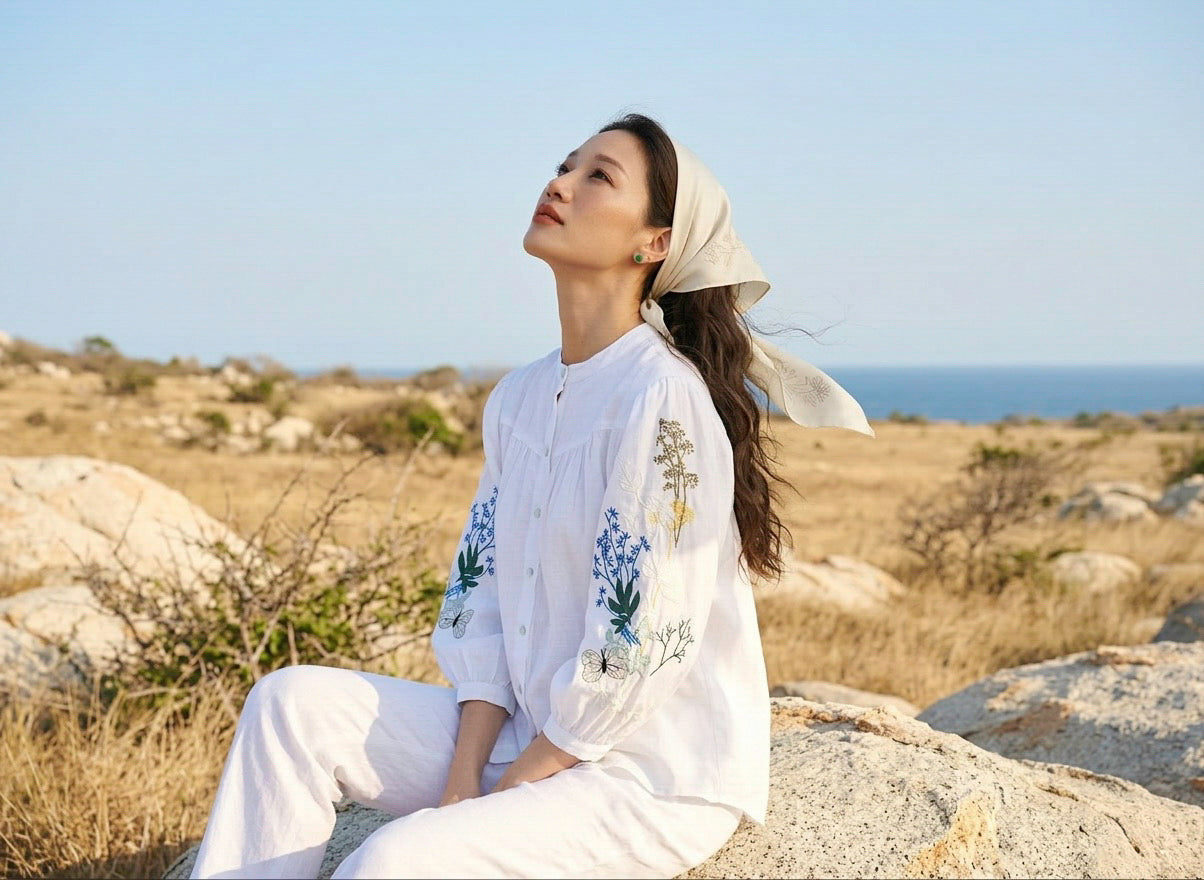 Áo linen thêu tay sơ mi cổ trụ thời trang Hity