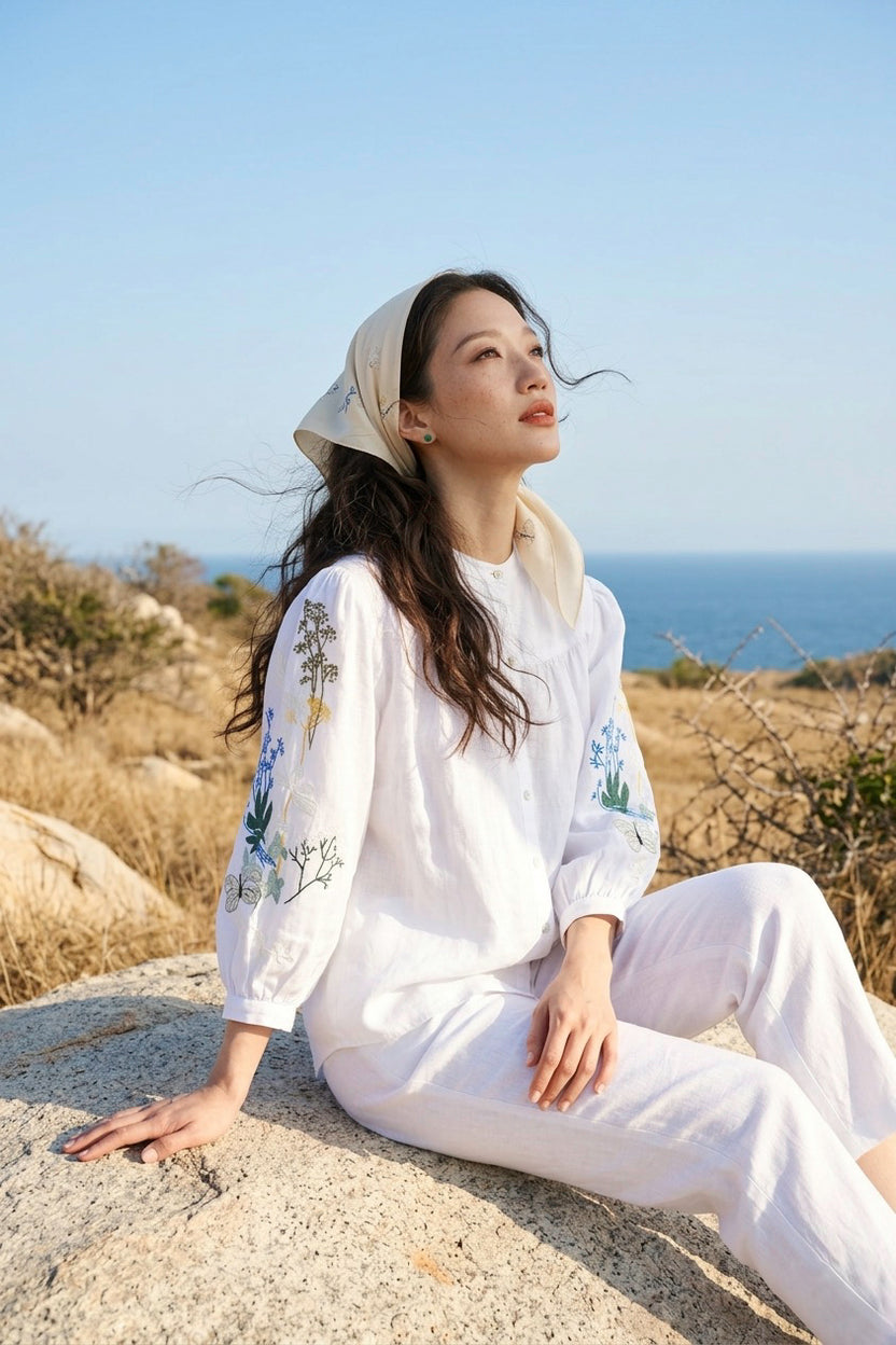 Áo linen thêu tay sơ mi cổ trụ thời trang Hity