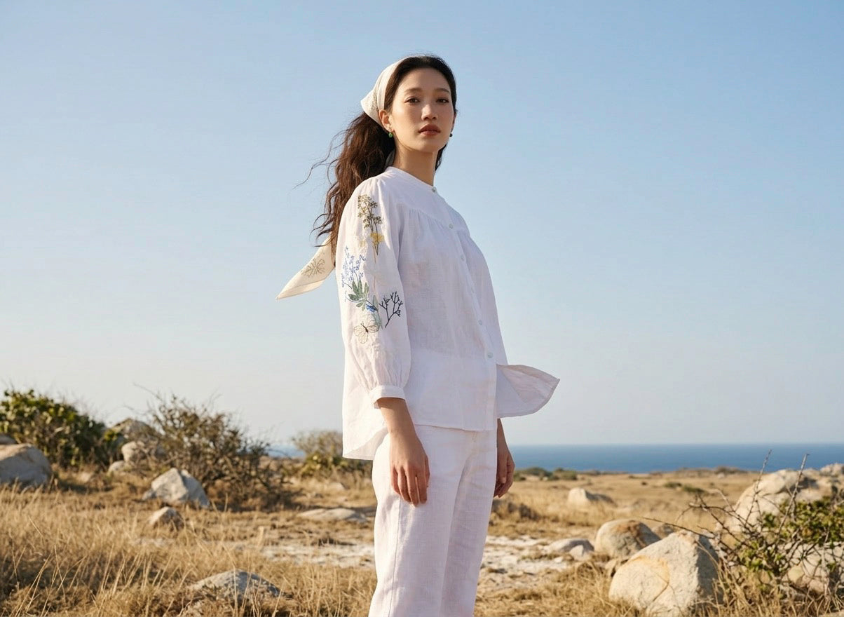 Áo linen thêu tay sơ mi cổ trụ thời trang Hity