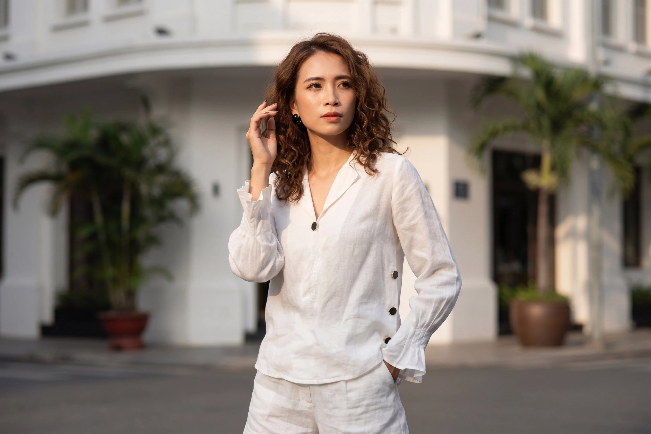 Áo sơ mi cổ ve linen trắng thời trang Hity