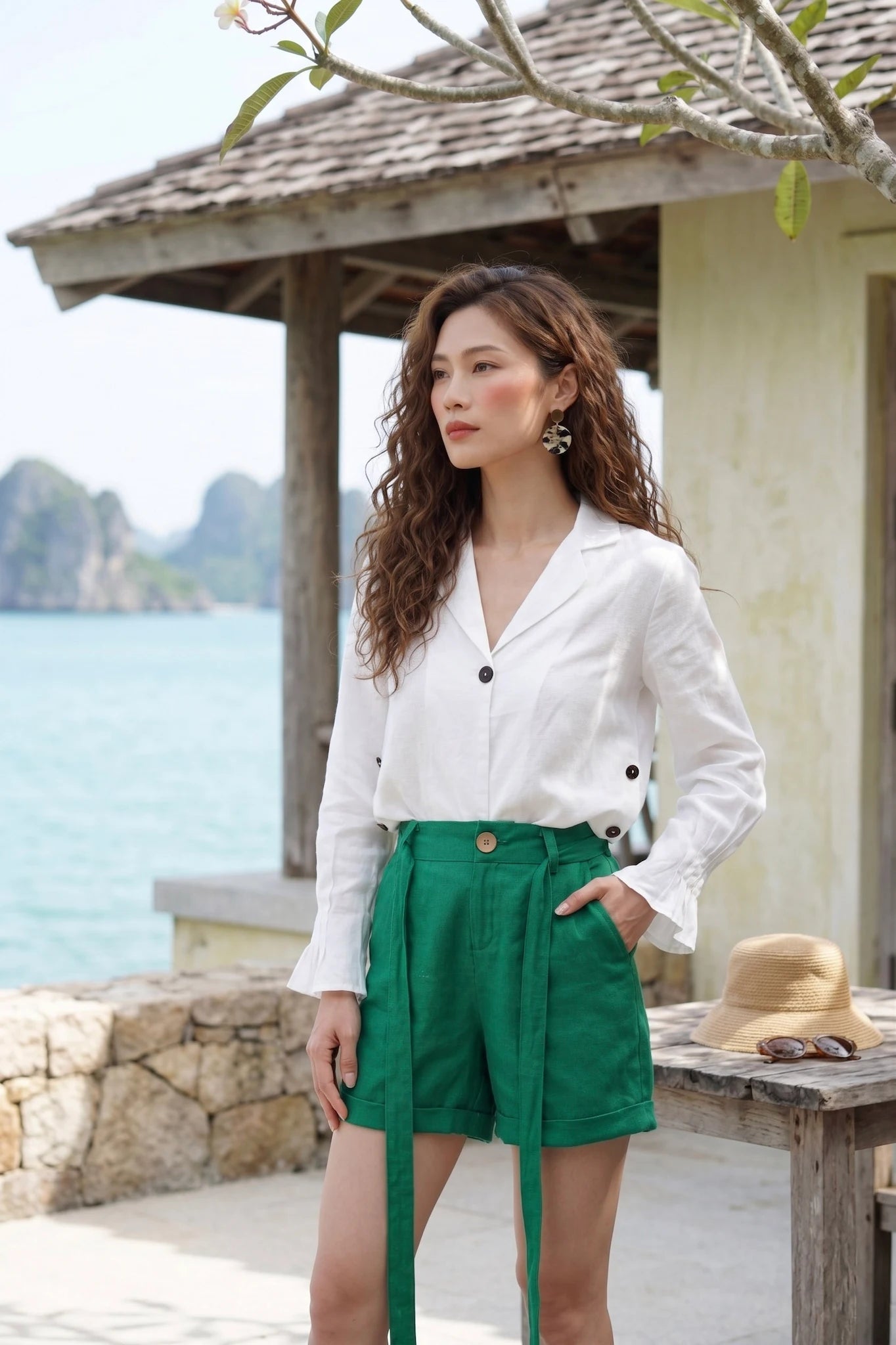 Áo sơ mi cổ ve linen trắng thời trang Hity