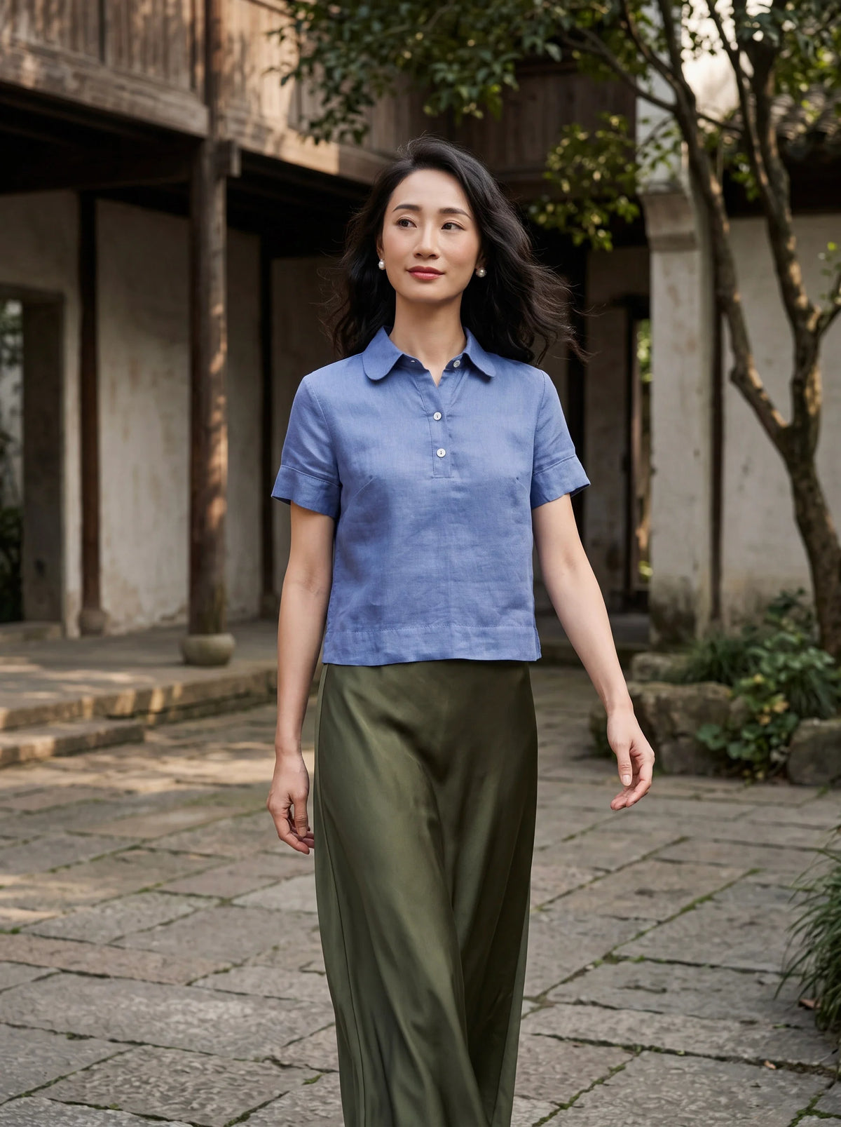 Áo sơ mi croptop tay ngắn linen xanh đá thời trang Hity