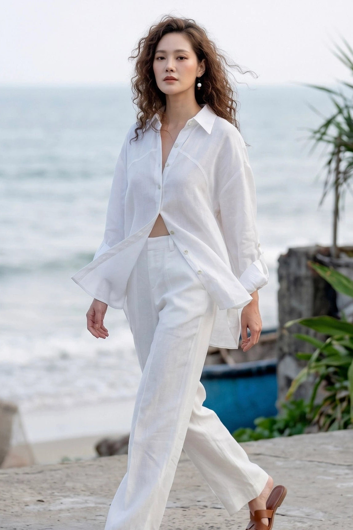 Áo sơ mi dáng rộng oversize linen trắng thời trang Hity