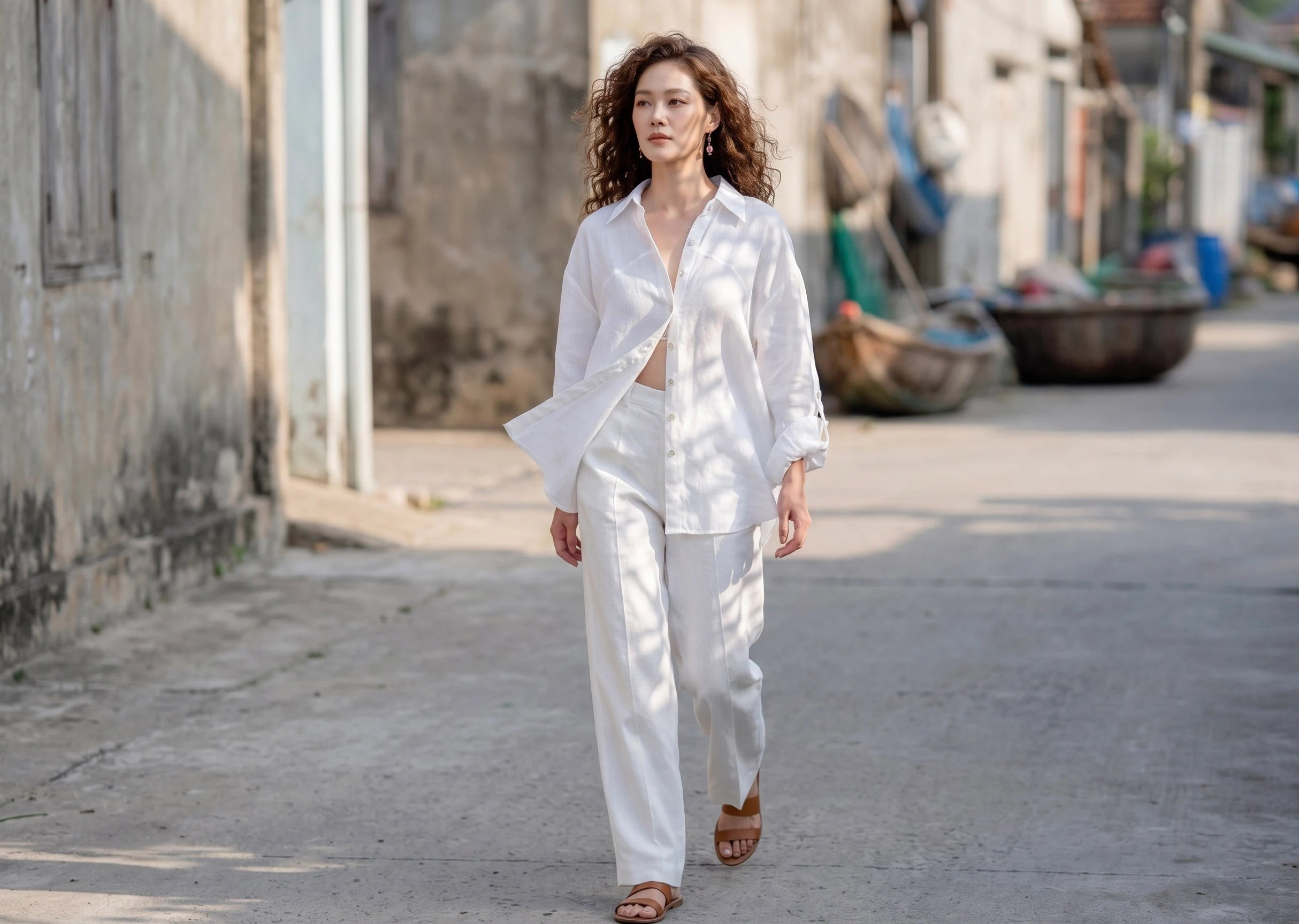 Áo sơ mi dáng rộng oversize linen trắng thời trang Hity