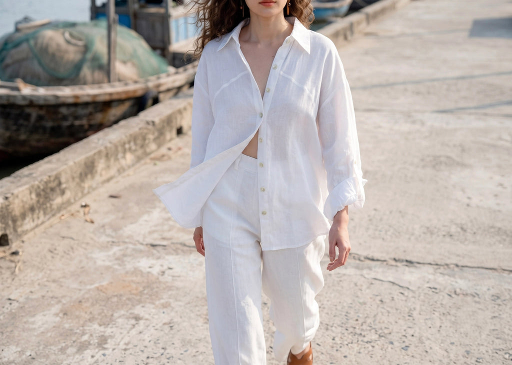 Áo sơ mi dáng rộng oversize linen trắng thời trang Hity