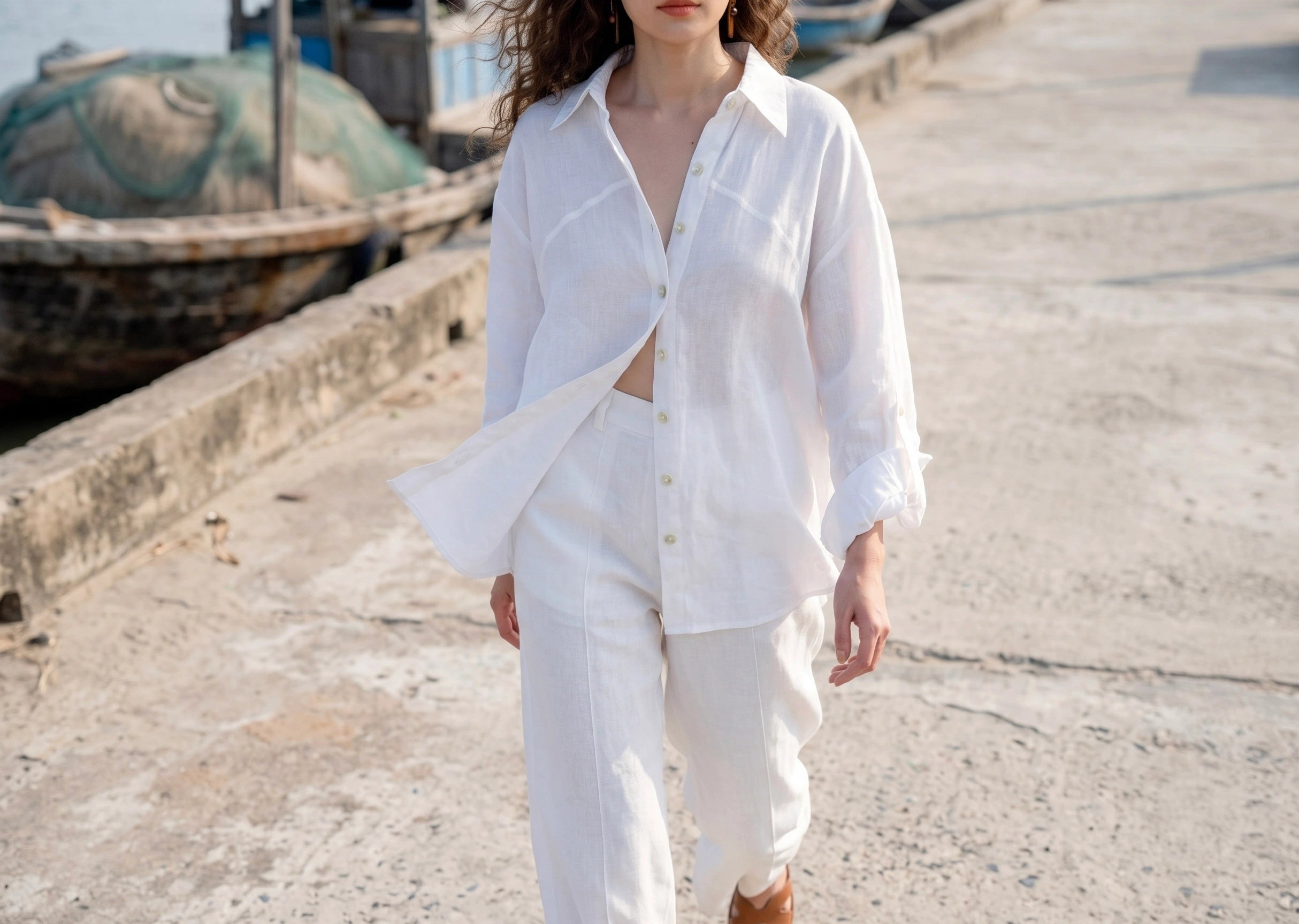 Áo sơ mi dáng rộng oversize linen trắng thời trang Hity