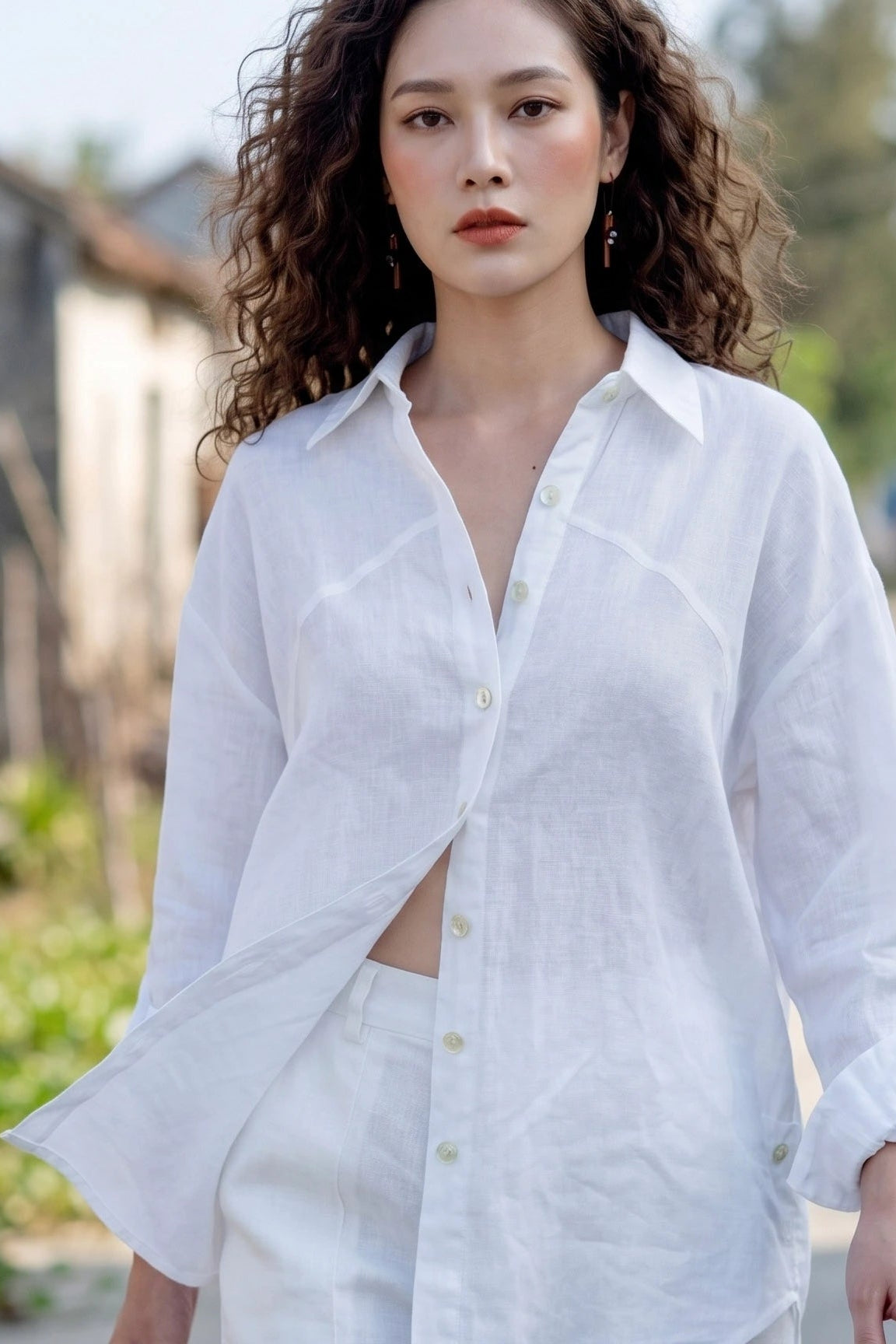 Áo sơ mi dáng rộng oversize linen trắng thời trang Hity