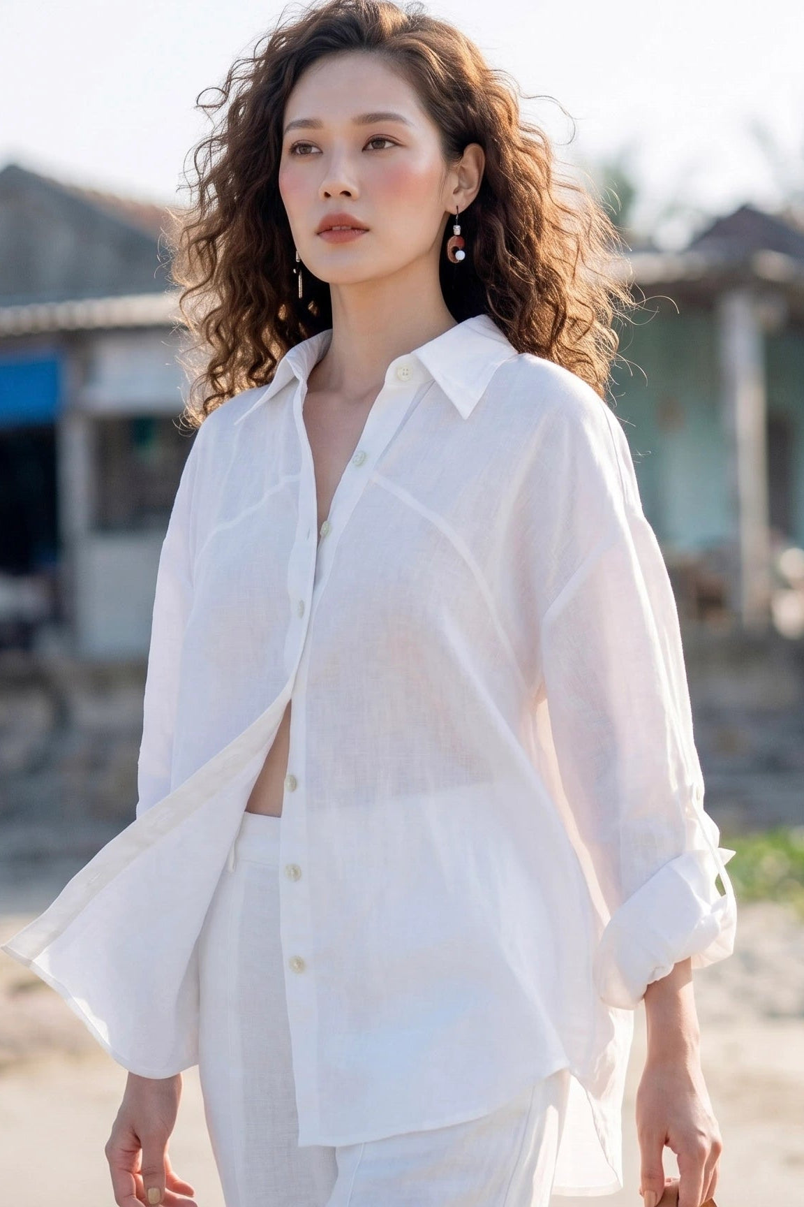 Áo sơ mi dáng rộng oversize linen trắng thời trang Hity