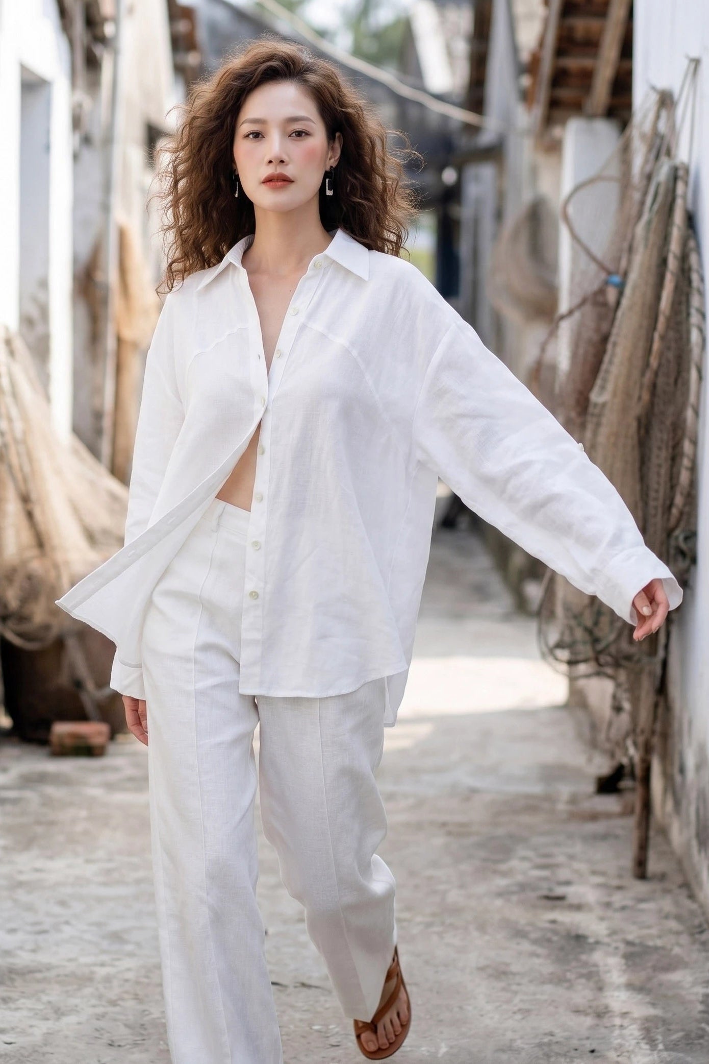 Áo sơ mi dáng rộng oversize linen trắng thời trang Hity