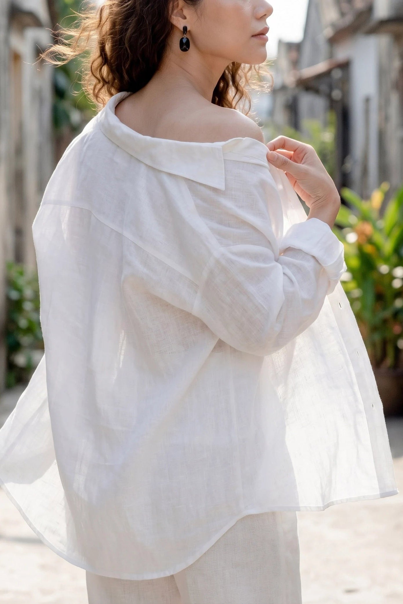Áo sơ mi dáng rộng oversize linen trắng thời trang Hity