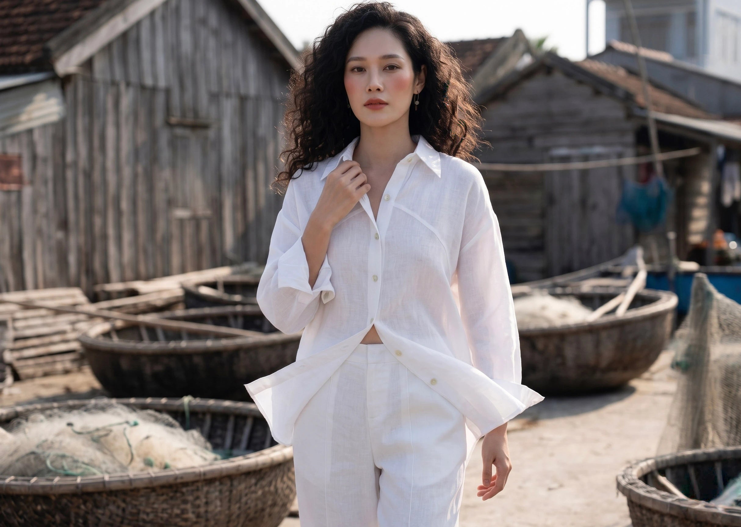Áo sơ mi dáng rộng oversize linen trắng thời trang Hity