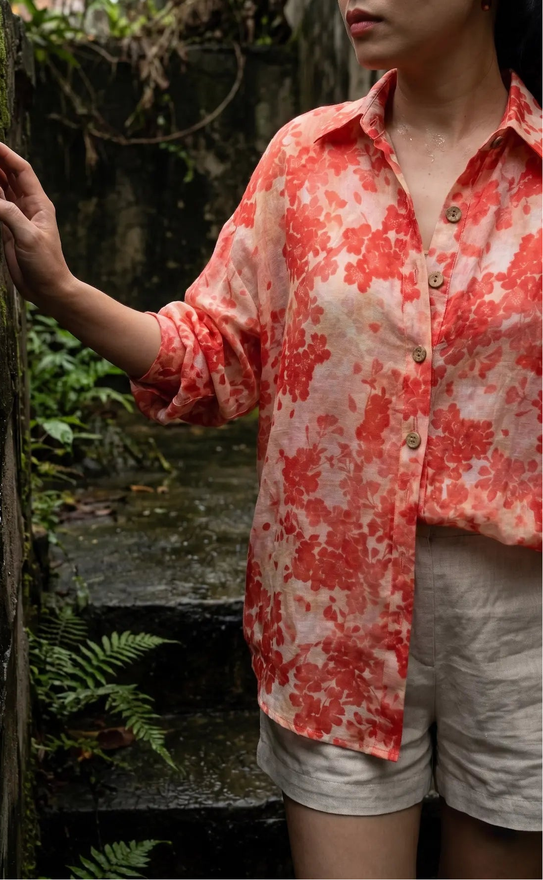 Áo sơ mi dáng rộng oversize vải gai xanh ramie thời trang Hity