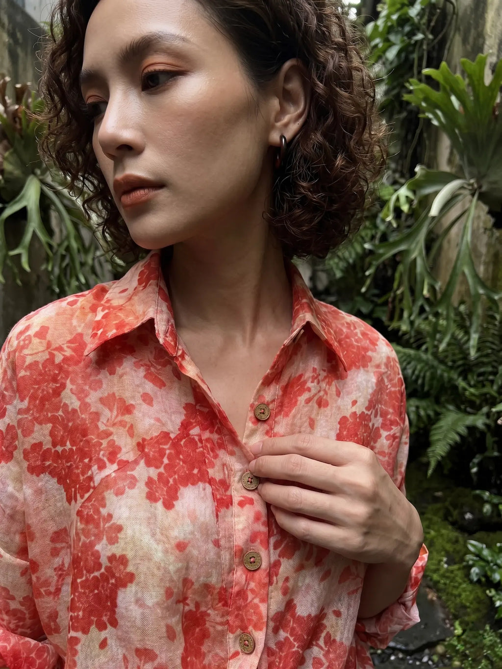 Áo sơ mi dáng rộng oversize vải gai xanh ramie thời trang Hity