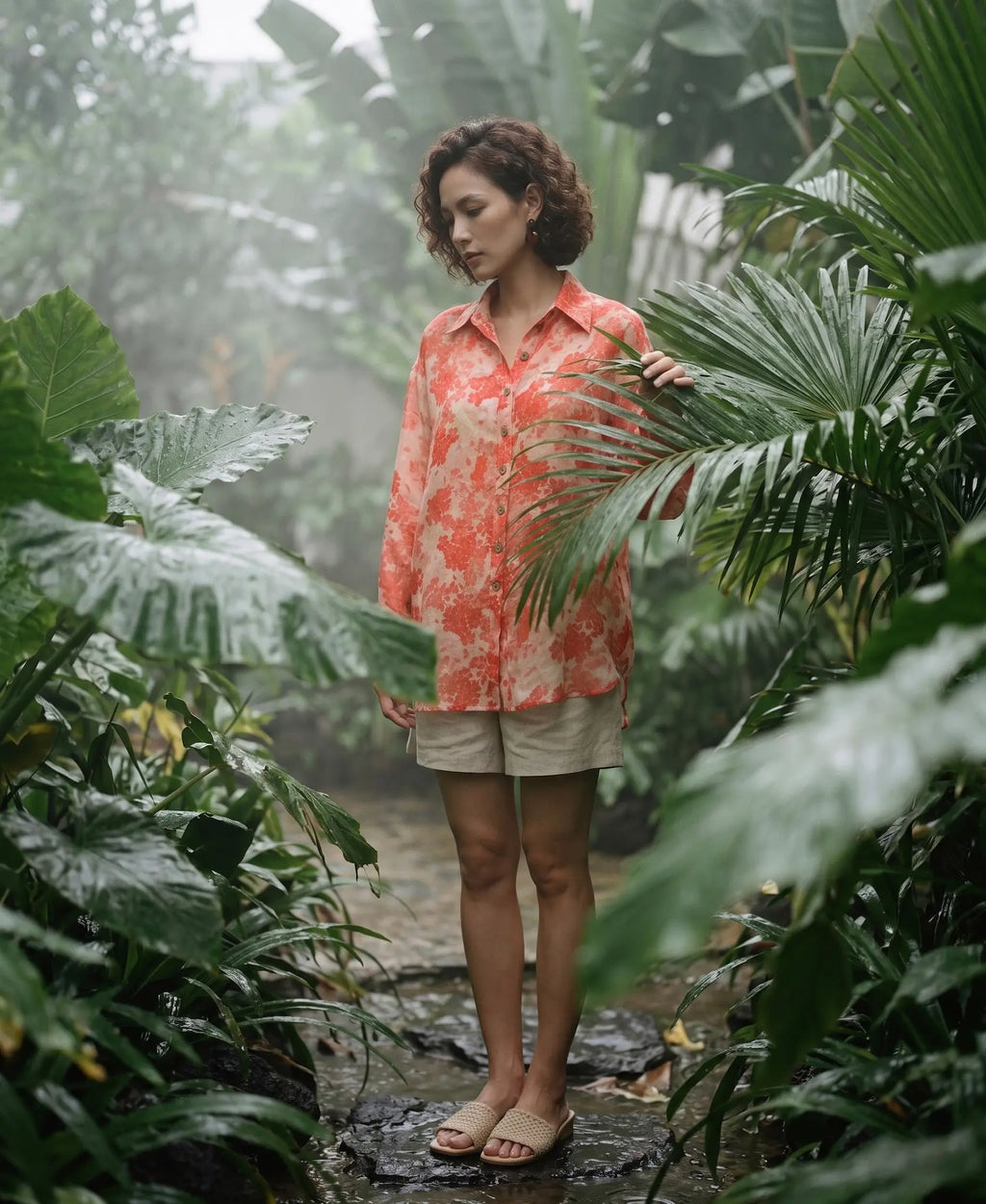 Áo sơ mi dáng rộng oversize vải gai xanh ramie thời trang Hity