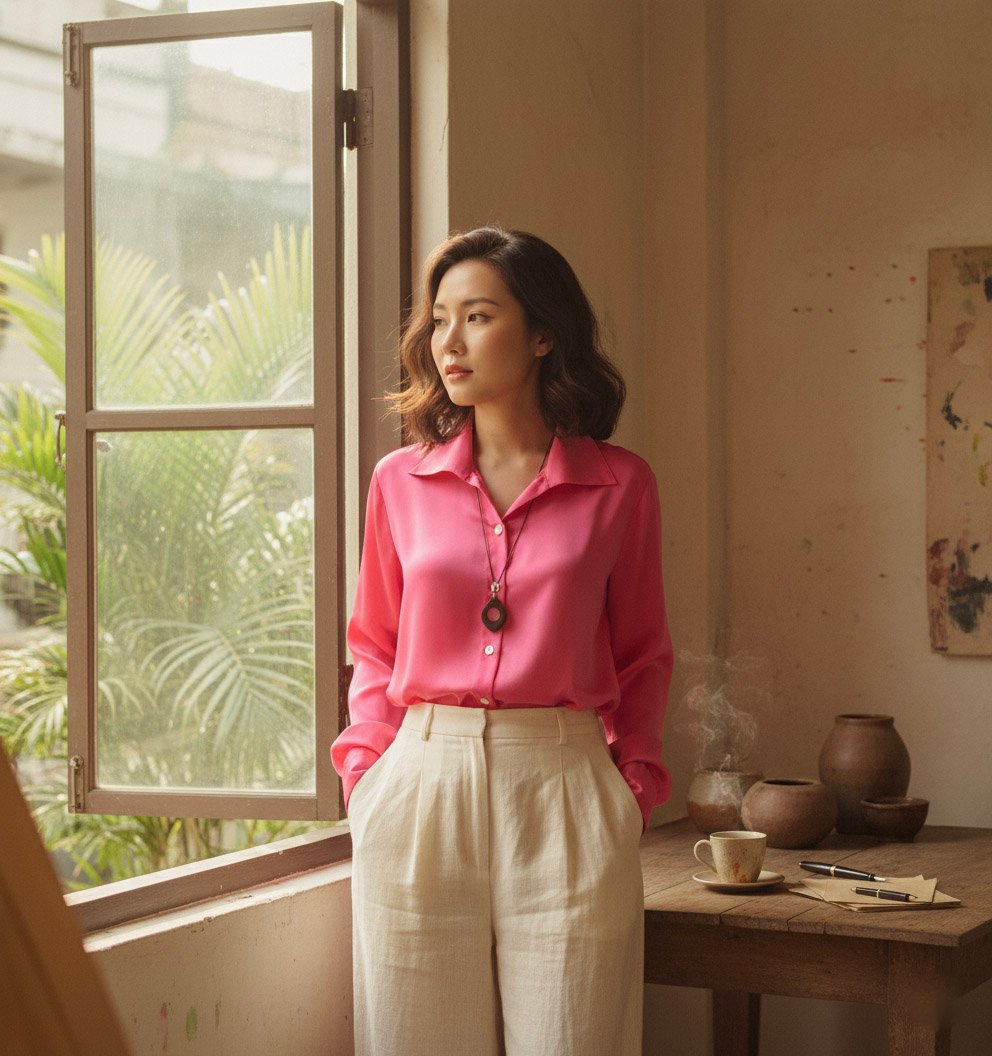 Áo sơ mi dáng rộng oversize hồng sen thời trang Hity