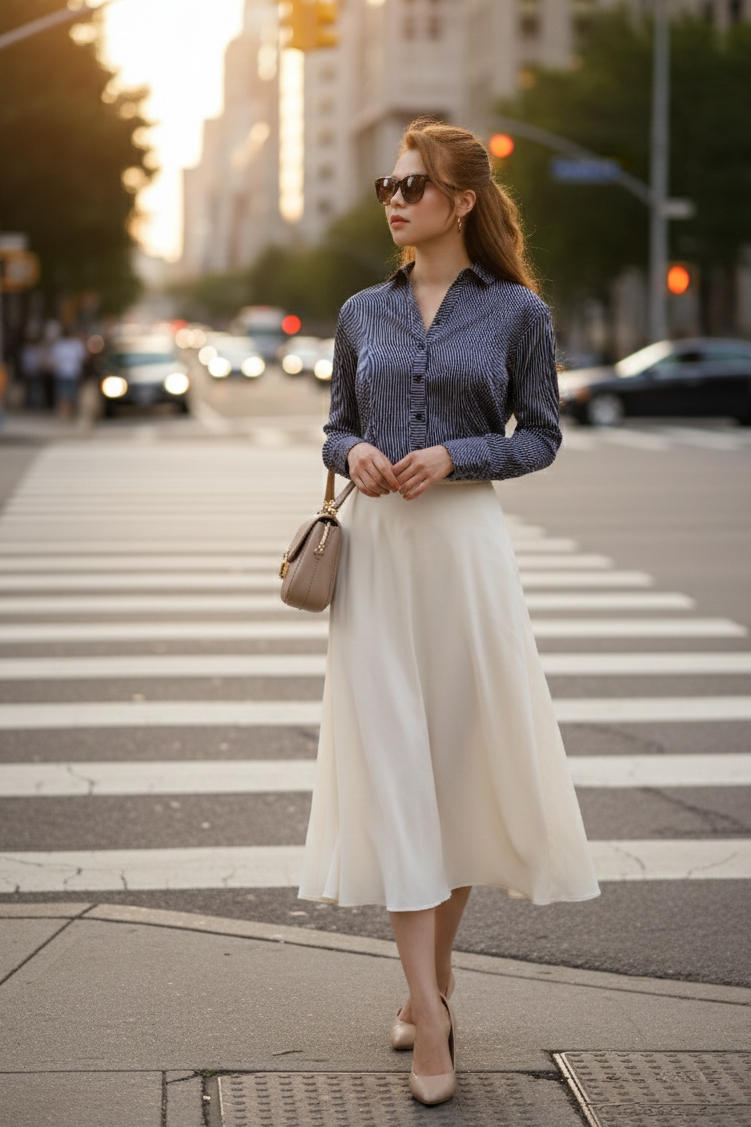 Áo sơ mi tay dài lụa sọc trắng đen thời trang Hity