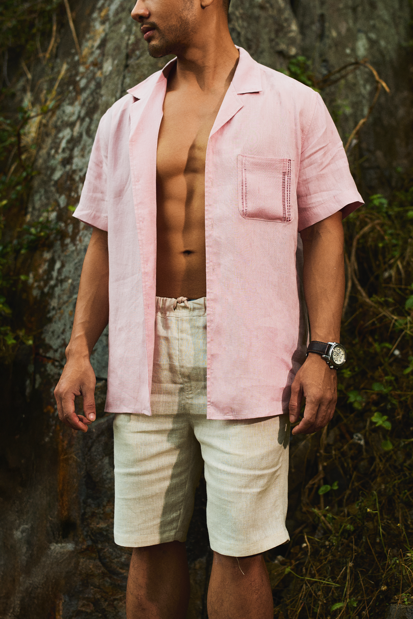 Áo sơ mi nam cổ Cuba Linen hồng thêu tay thời trang Hity