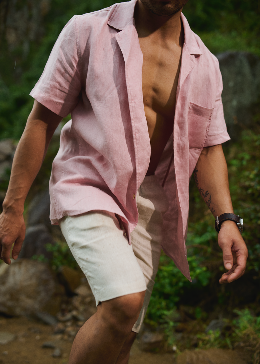 Áo sơ mi nam cổ Cuba Linen hồng thêu tay thời trang Hity