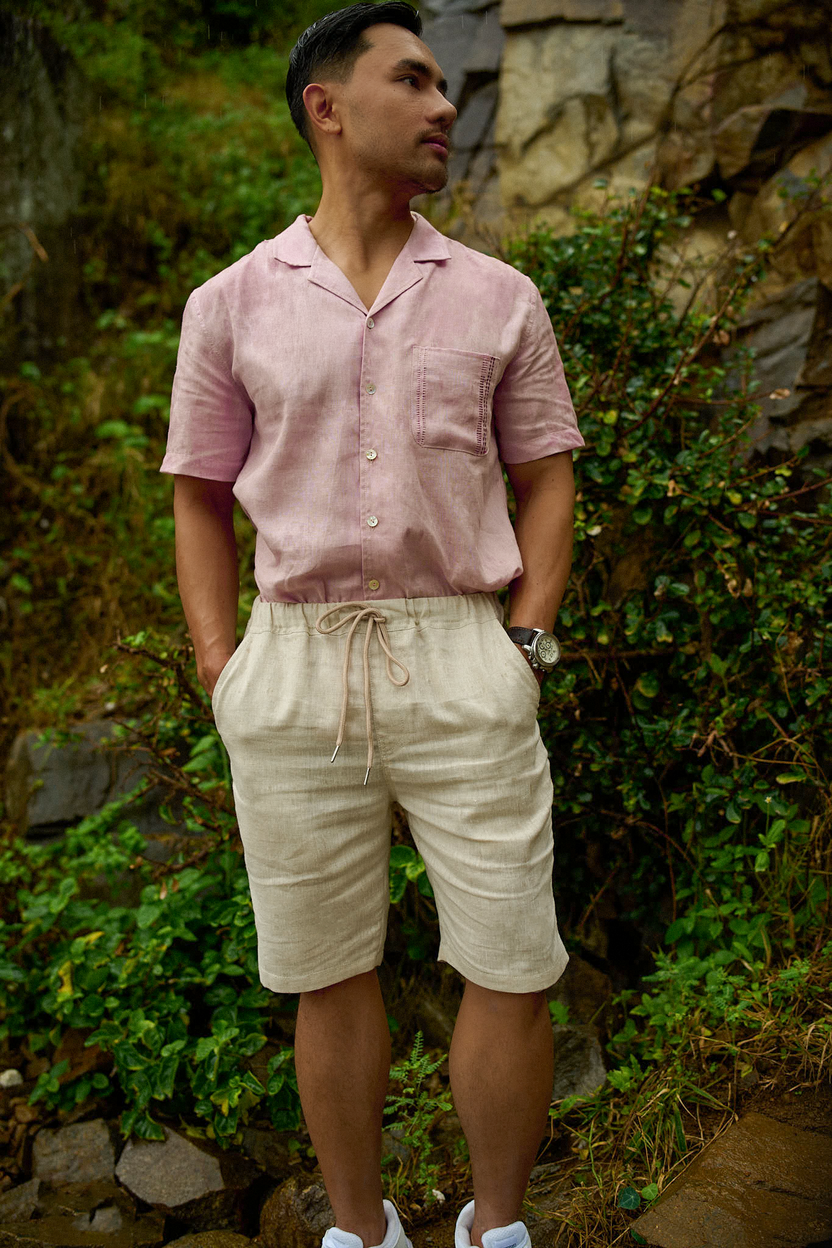 Áo sơ mi nam cổ Cuba Linen hồng thêu tay thời trang Hity