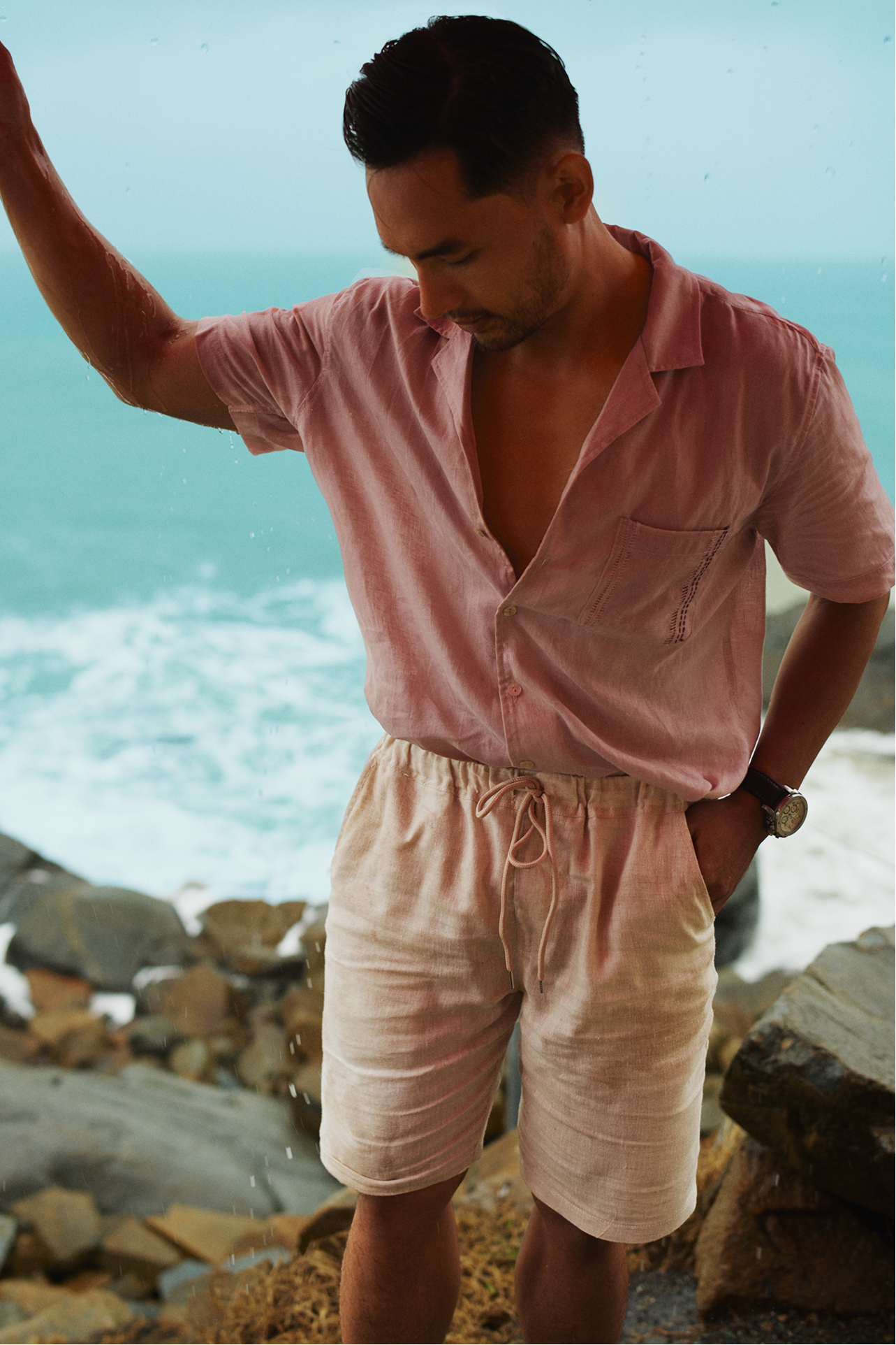 Áo sơ mi nam cổ Cuba Linen hồng thêu tay thời trang Hity