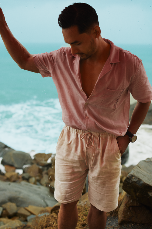 Áo sơ mi nam cổ Cuba Linen hồng thêu tay thời trang Hity