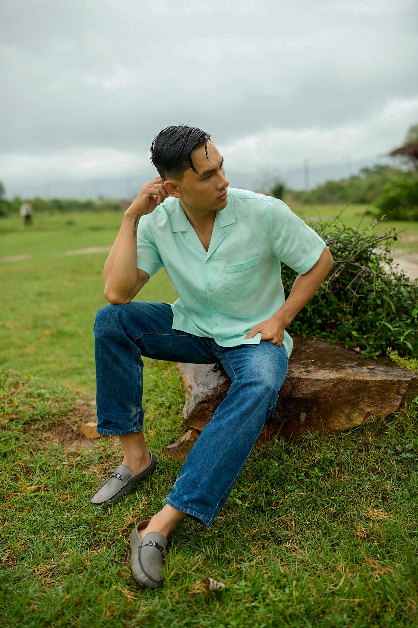 Áo sơ mi nam linen tay ngắn cổ Cuba thời trang Hity